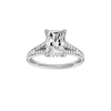 Radiant-cut diamond engagement ring with a channel-set diamond band and hidden-halo setting.