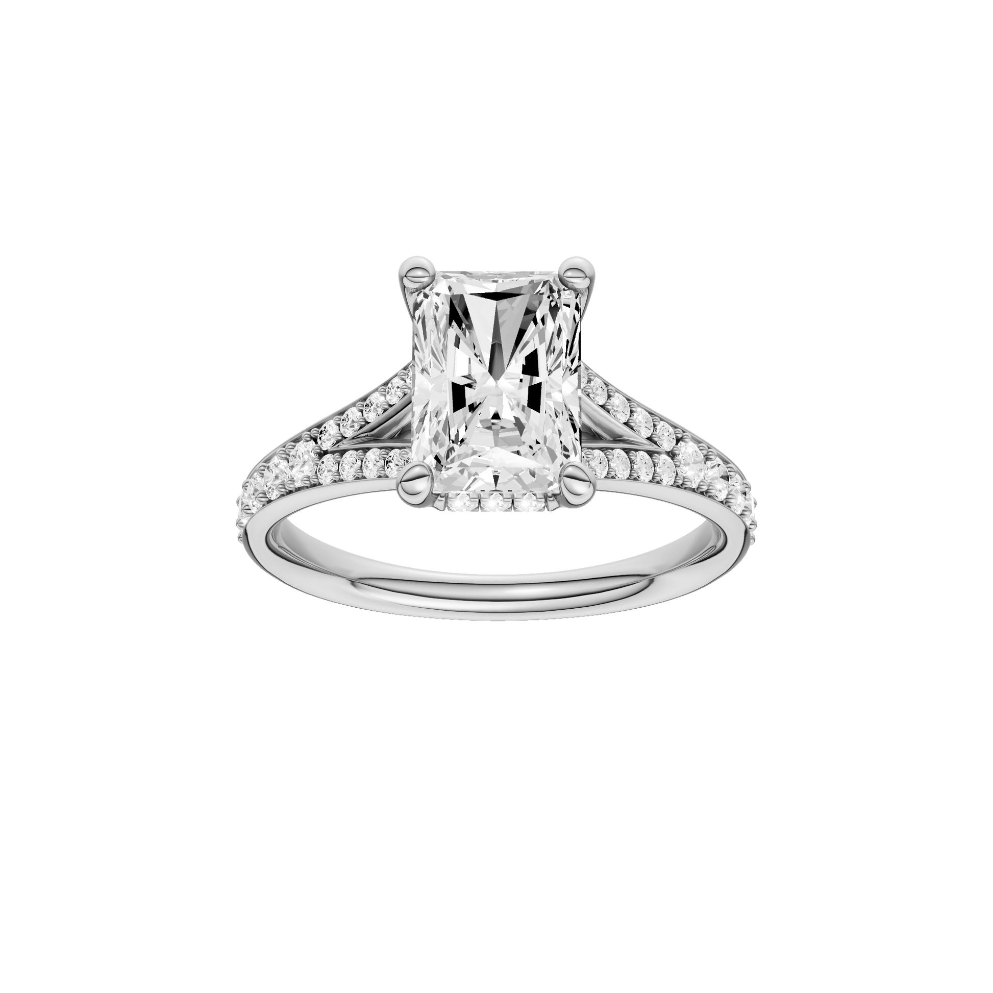 Radiant-cut diamond engagement ring with a channel-set diamond band and hidden-halo setting.