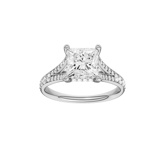 Princess-cut diamond engagement ring with a channel-set diamond band and hidden-halo setting.