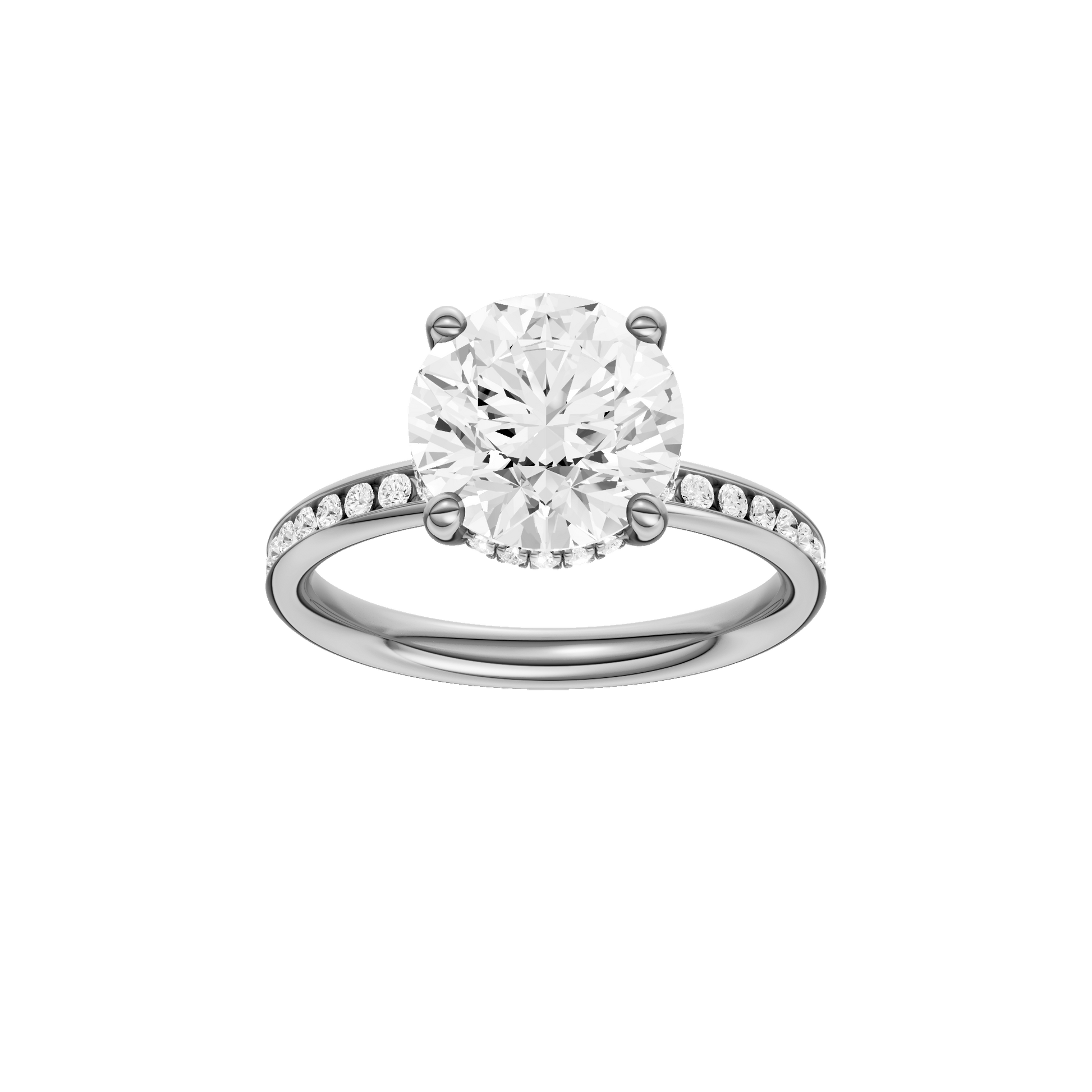 Round-cut diamond engagement ring with a channel-set diamond band and hidden-halo setting.
