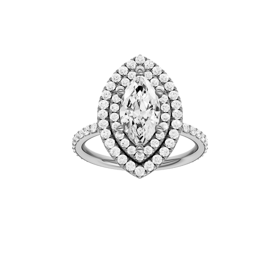 Marquise-cut diamond engagement ring with a prong-set diamond band and double-halo setting.