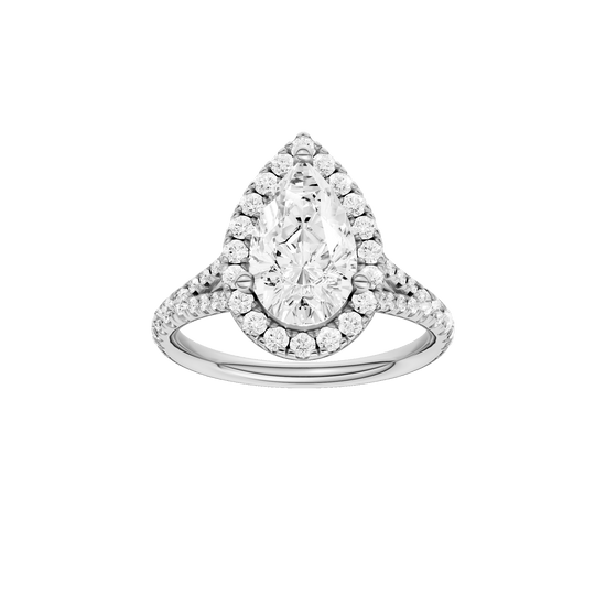 Pear-cut diamond engagement ring with a prong-set diamond band and halo setting.