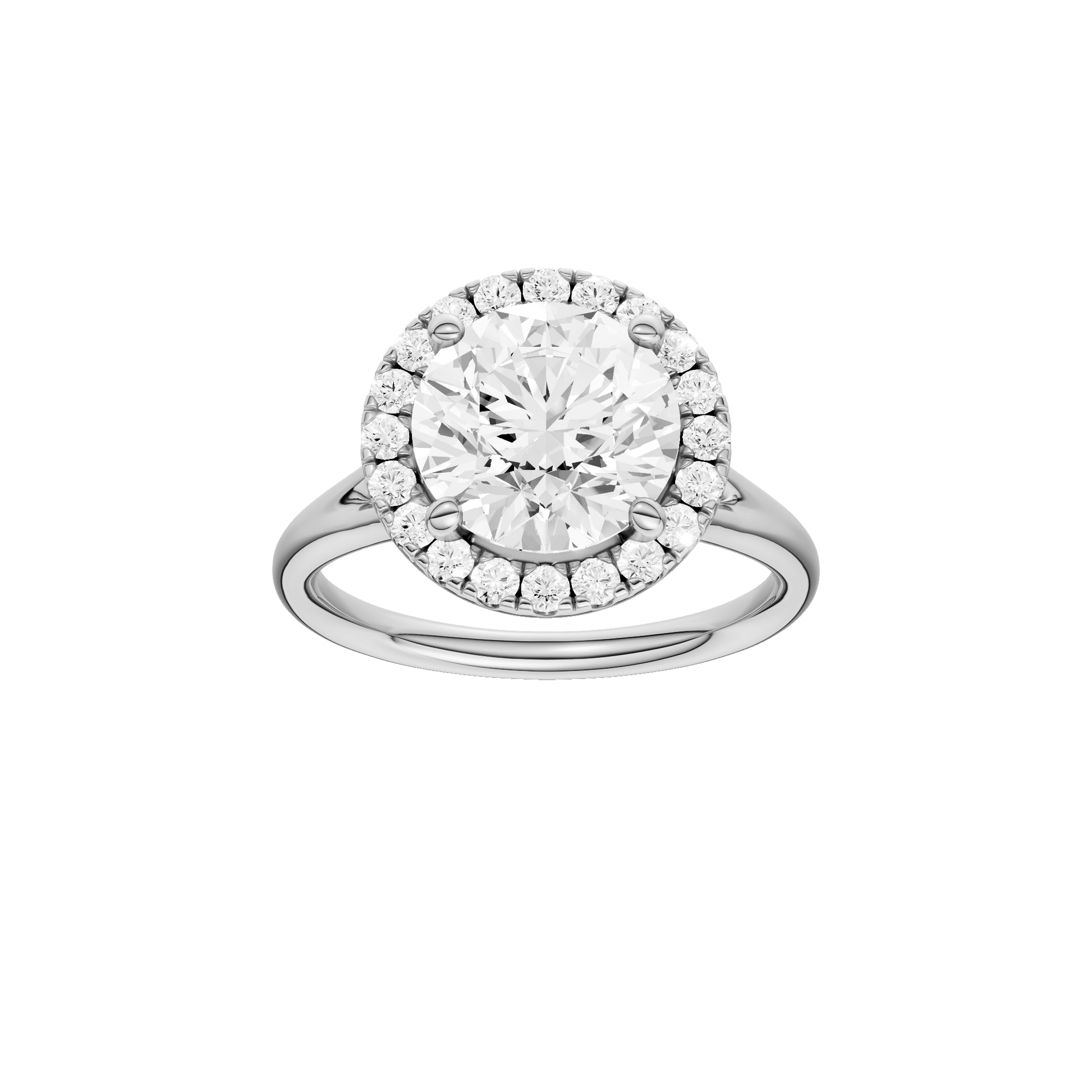 Round-cut diamond engagement ring with a plain band and halo setting.
