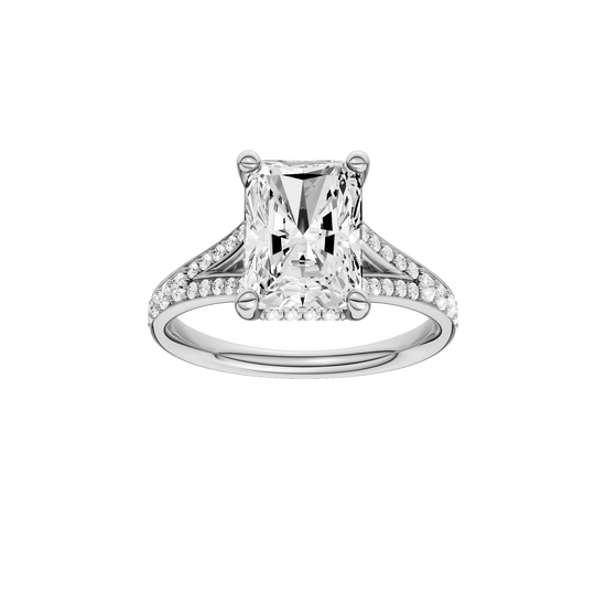 Radiant-cut diamond engagement ring with a channel-set diamond band and hidden-halo setting.