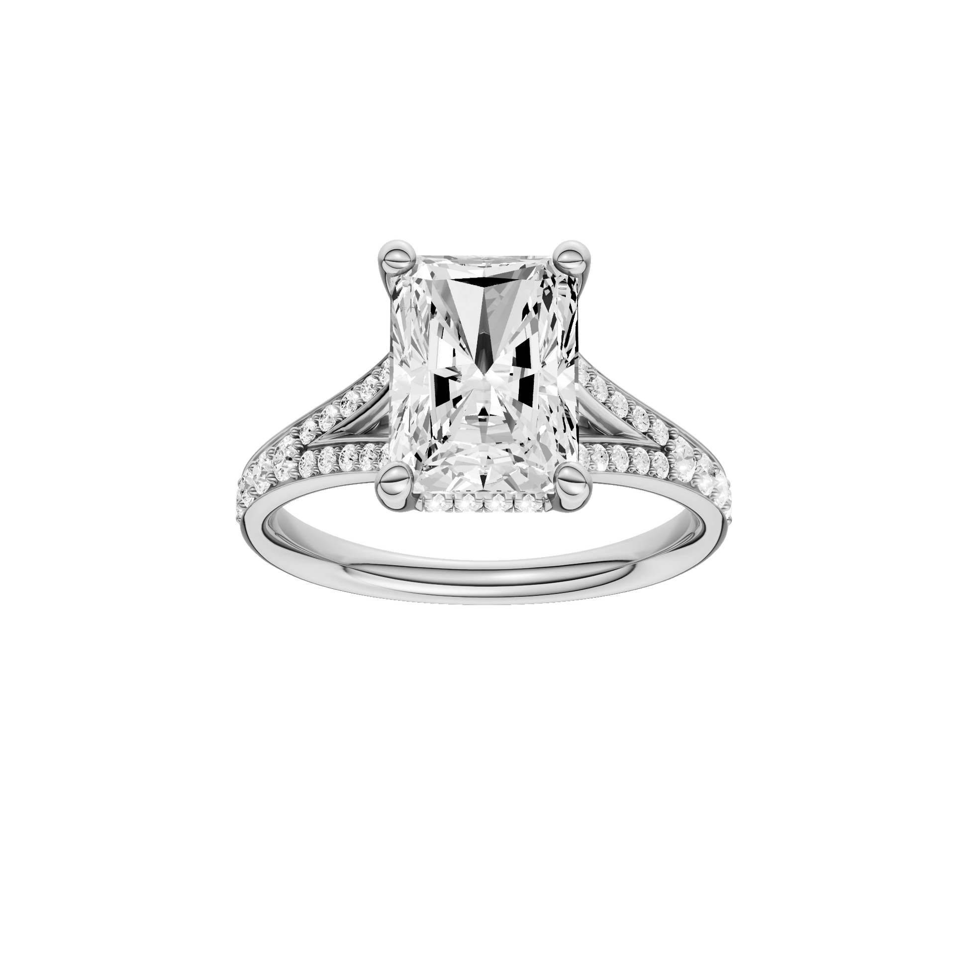 Radiant-cut diamond engagement ring with a channel-set diamond band and hidden-halo setting.