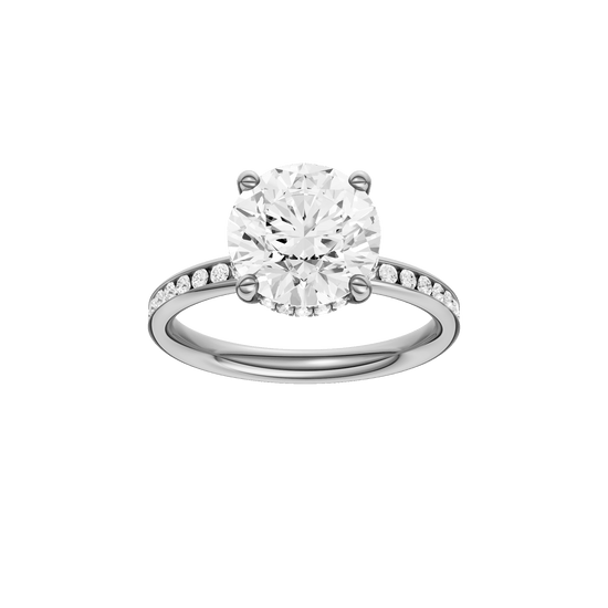 Round-cut diamond engagement ring with a channel-set diamond band and hidden-halo setting.