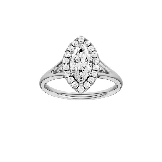 Marquise-cut diamond engagement ring with a plain band and halo setting.