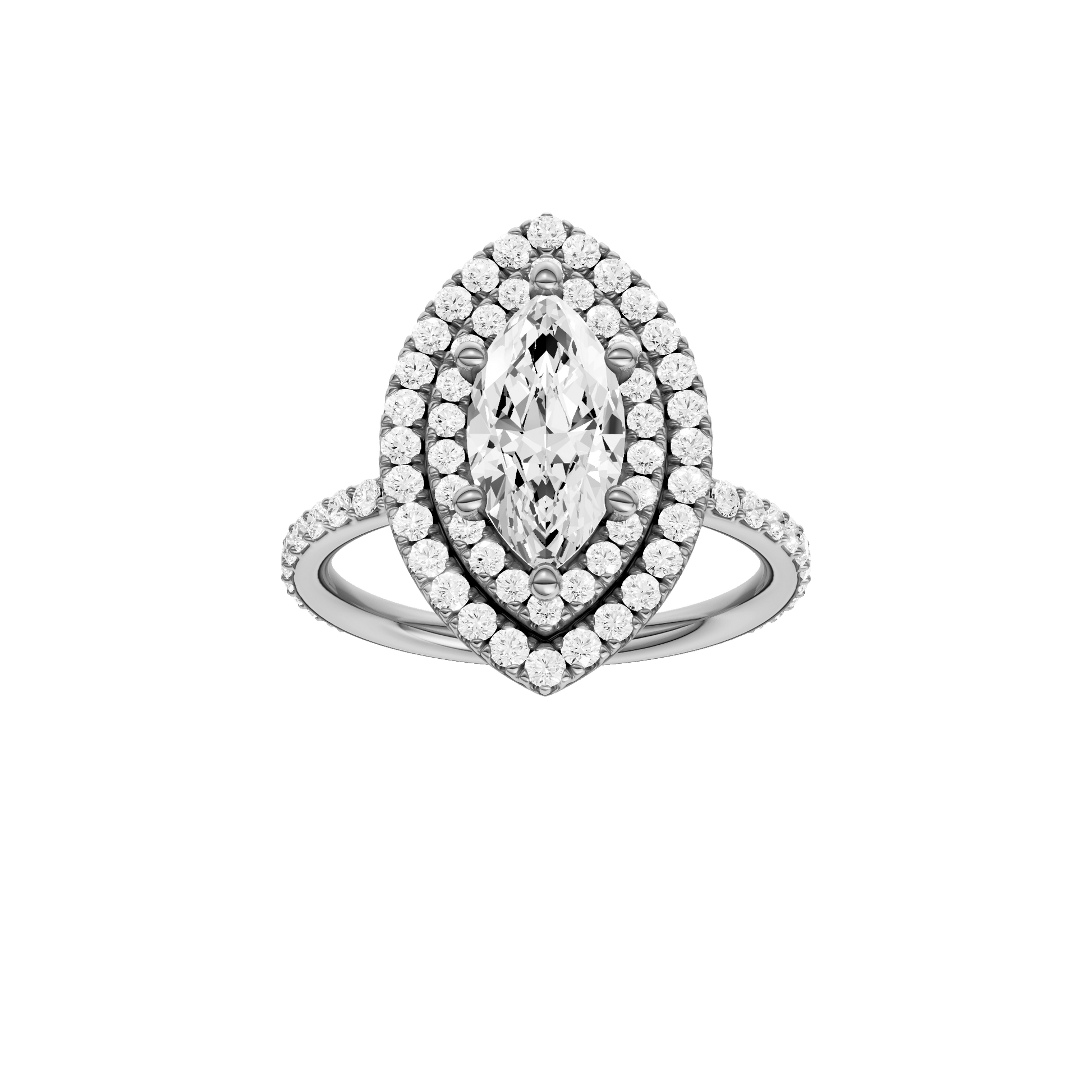 Marquise-cut diamond engagement ring with a prong-set diamond band and double-halo setting.