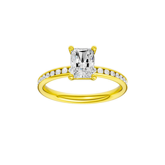 Radiant-cut diamond engagement ring with a channel-set diamond band and solitaire setting.