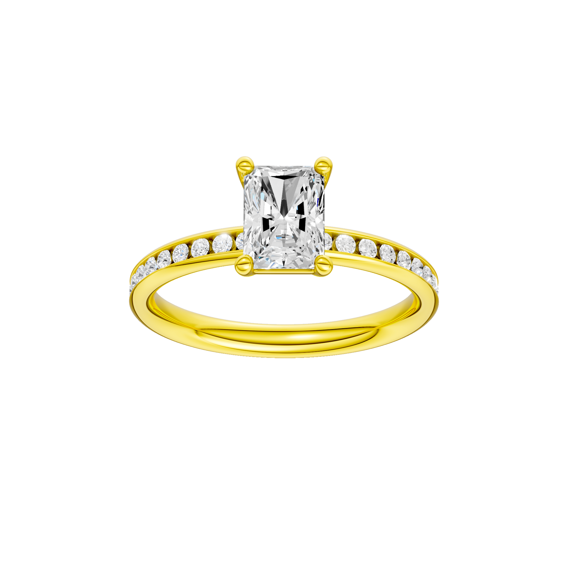 Radiant-cut diamond engagement ring with a channel-set diamond band and solitaire setting.