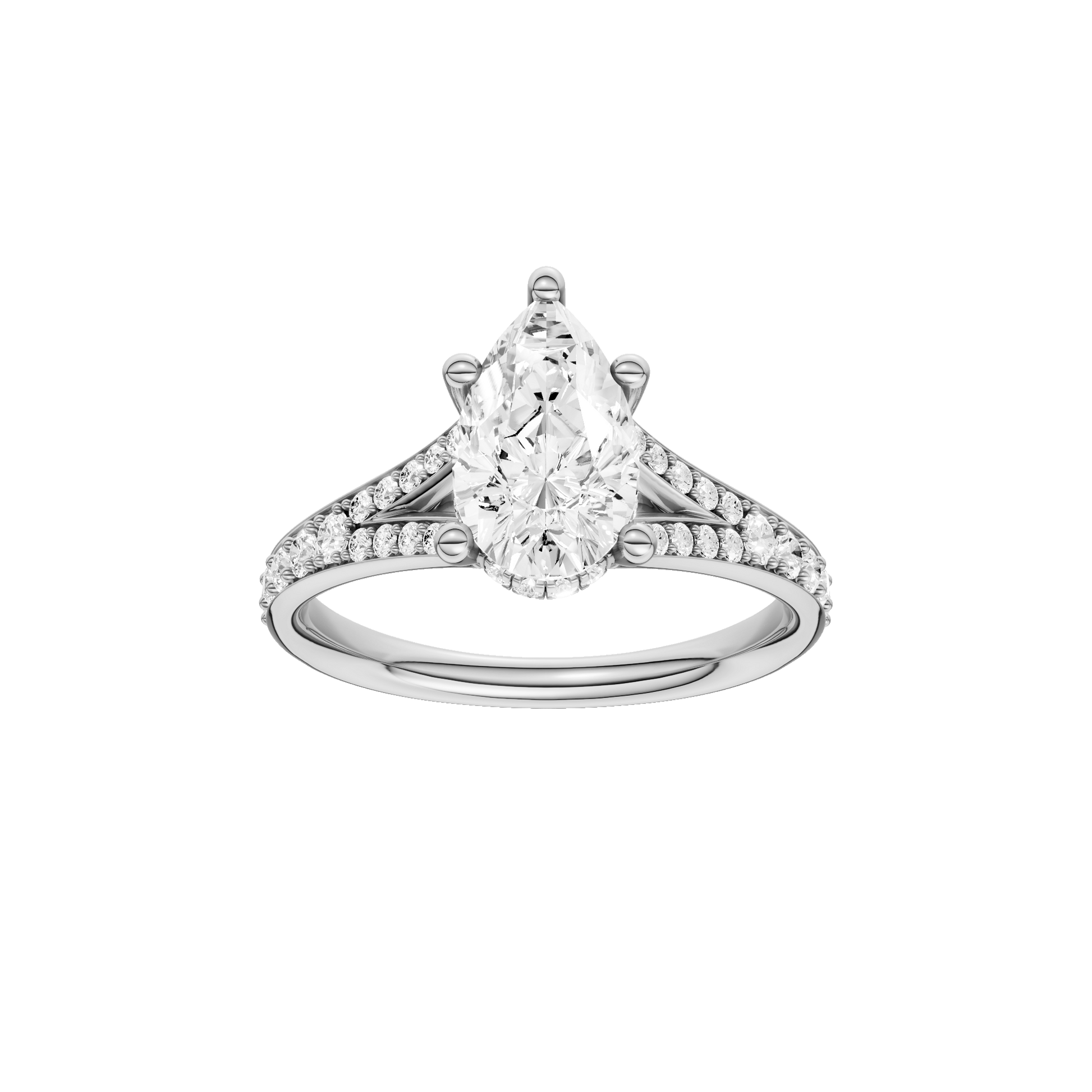 Pear-cut diamond engagement ring with a channel-set diamond band and hidden-halo setting.