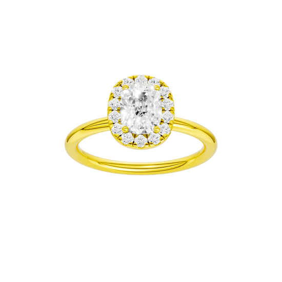 Elongated cushion-cut diamond engagement ring in 14k yellow gold with a plain band and halo setting