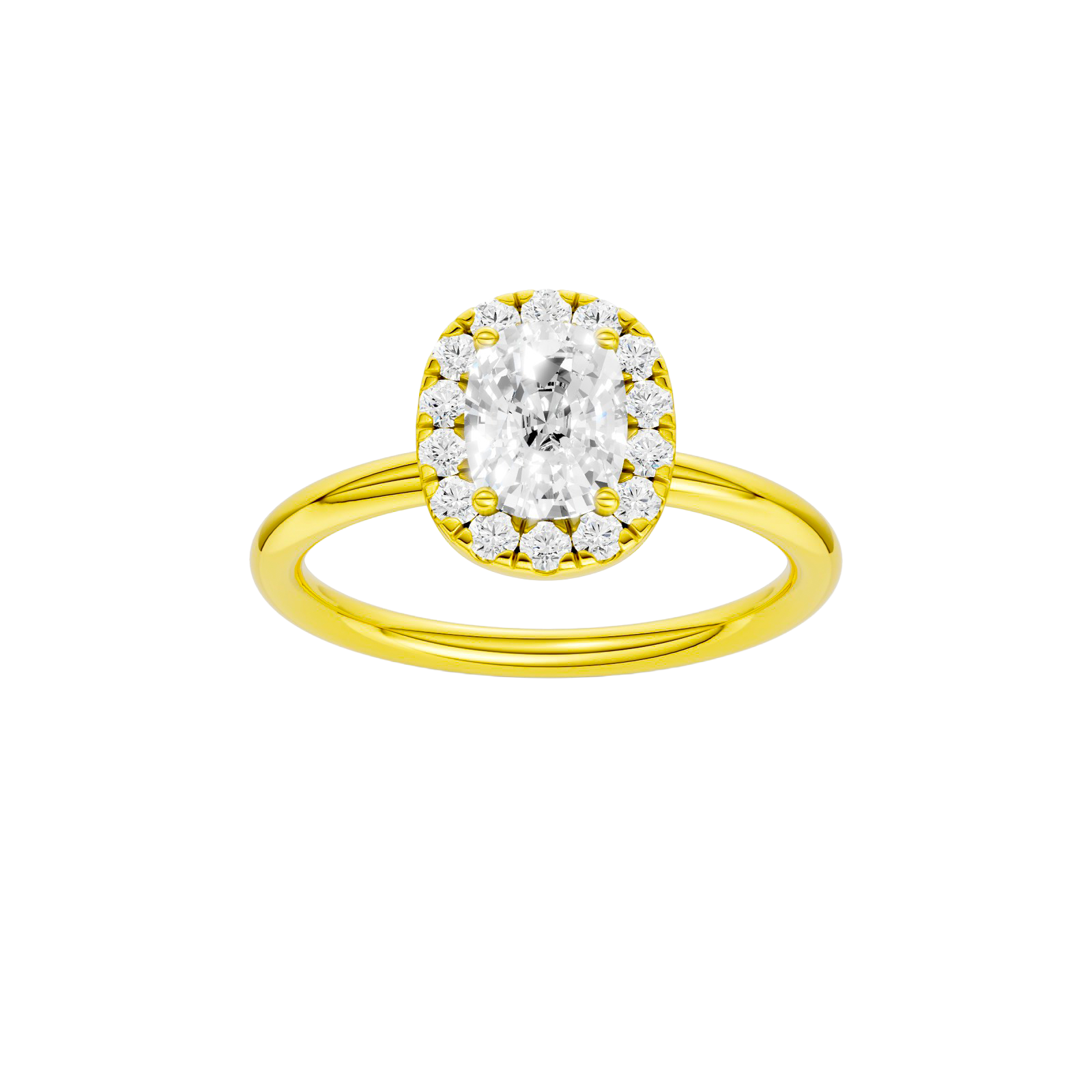 Elongated cushion-cut diamond engagement ring in 14k yellow gold with a plain band and halo setting