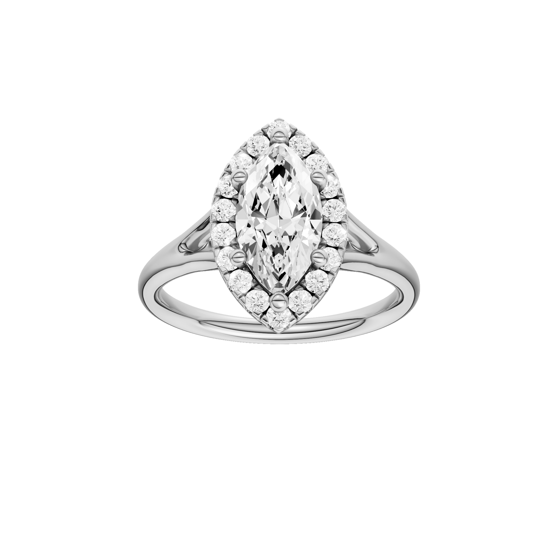 Marquise-cut diamond engagement ring with a plain band and halo setting.