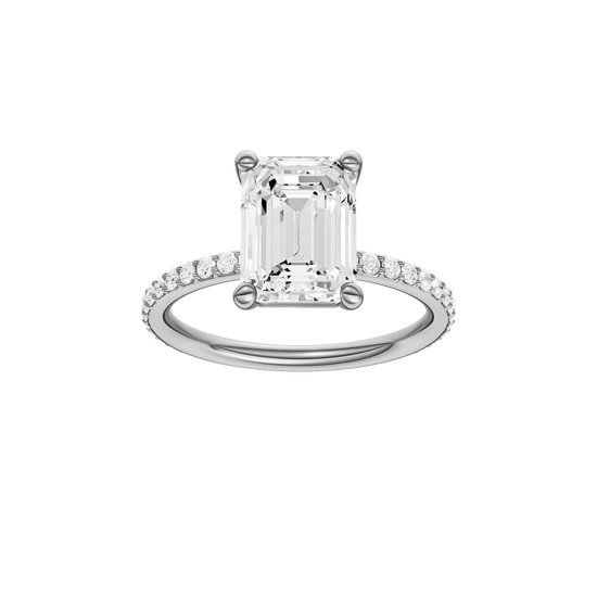 Emerald-cut diamond engagement ring with a prong-set diamond band and solitaire setting.