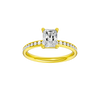 Radiant-cut diamond engagement ring with a channel-set diamond band and solitaire setting.
