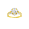 Round-cut diamond engagement ring with a channel-set diamond band and halo setting.