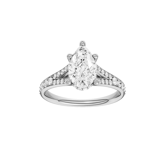Pear-cut diamond engagement ring with a channel-set diamond band and hidden-halo setting.