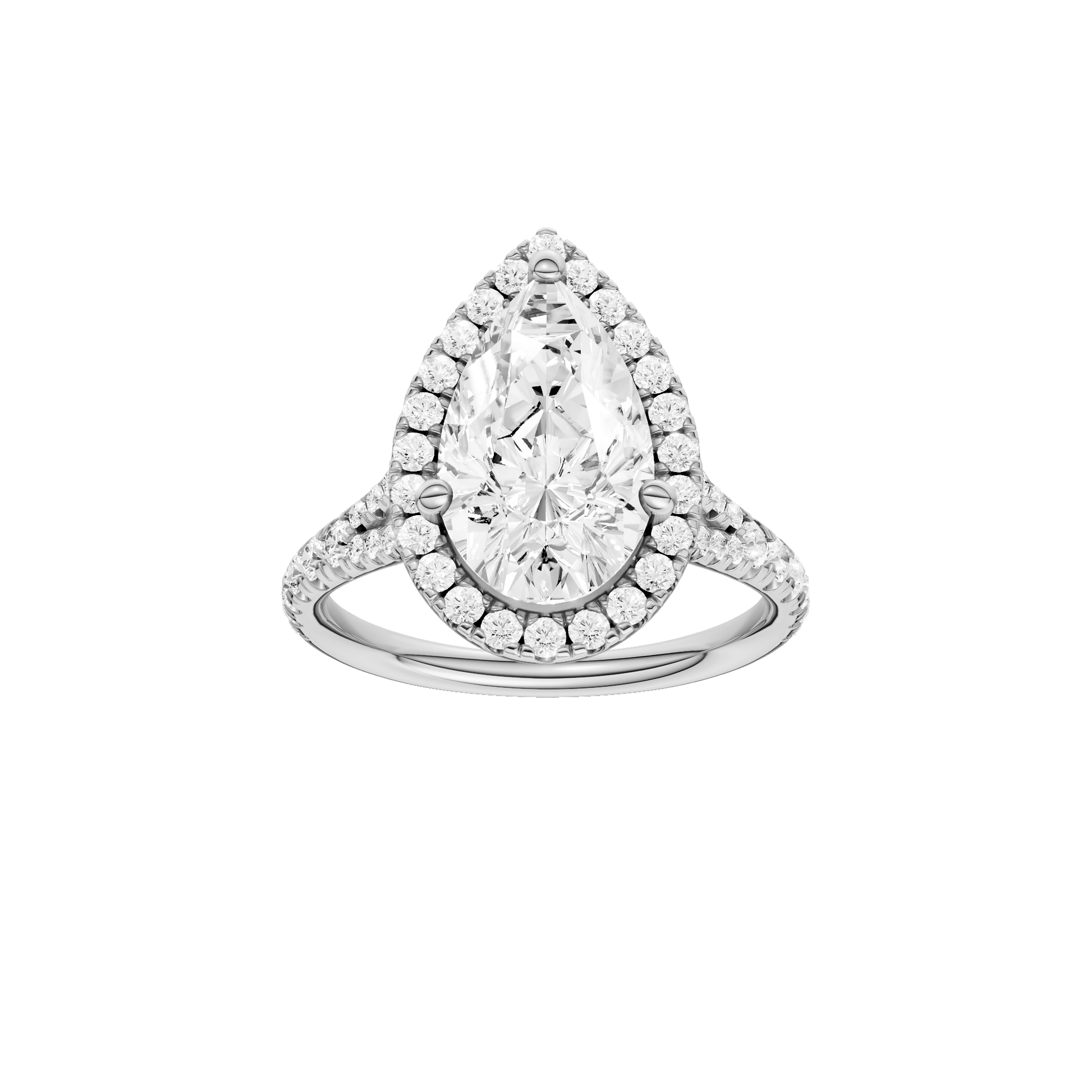 Pear-cut diamond engagement ring with a prong-set diamond band and halo setting.