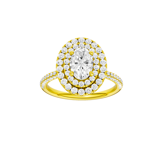 Oval-cut diamond engagement ring with a pavé-set diamond band and double-halo setting.