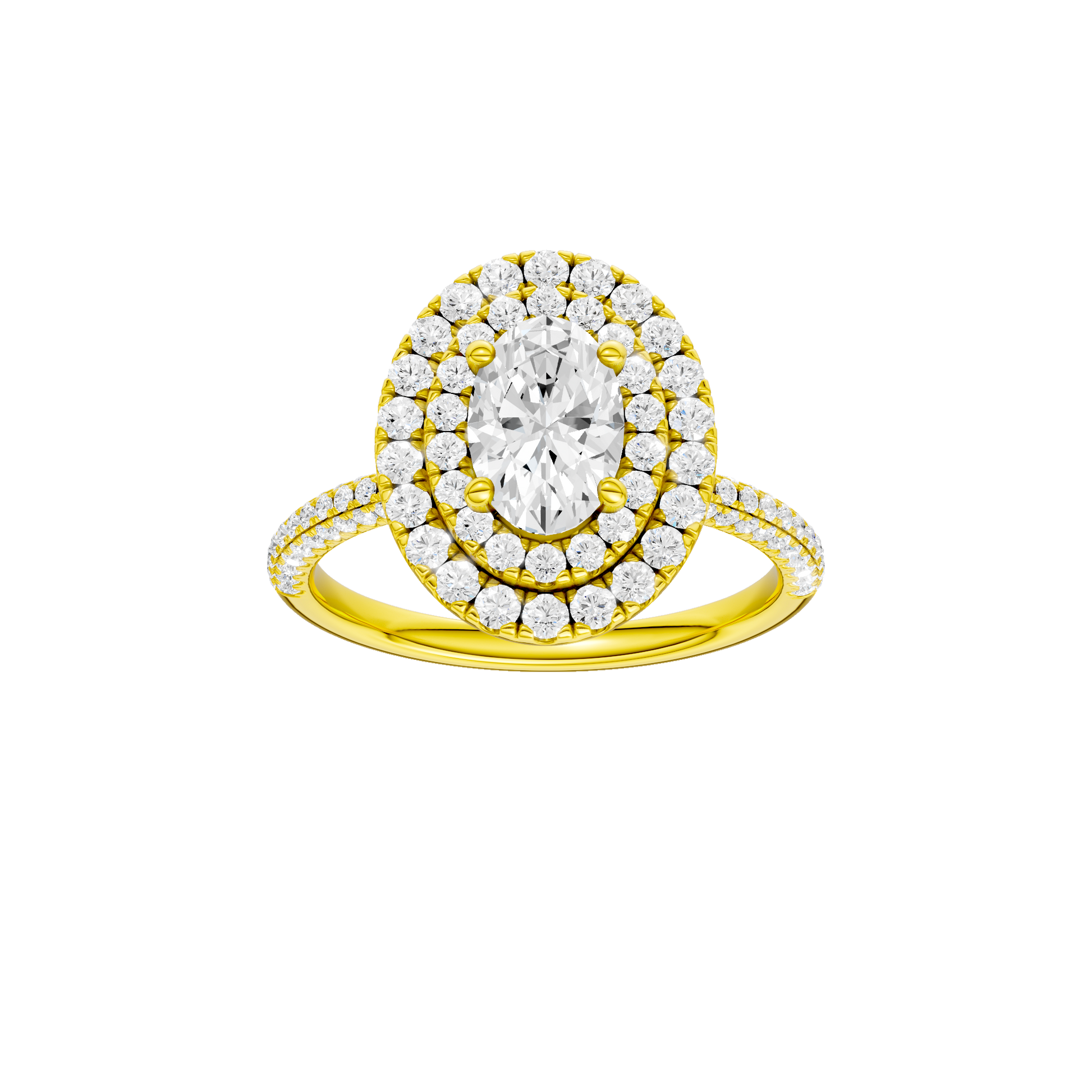 Oval-cut diamond engagement ring with a pavé-set diamond band and double-halo setting.