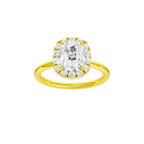 Elongated cushion-cut diamond engagement ring in 14k yellow gold with a plain band and halo setting