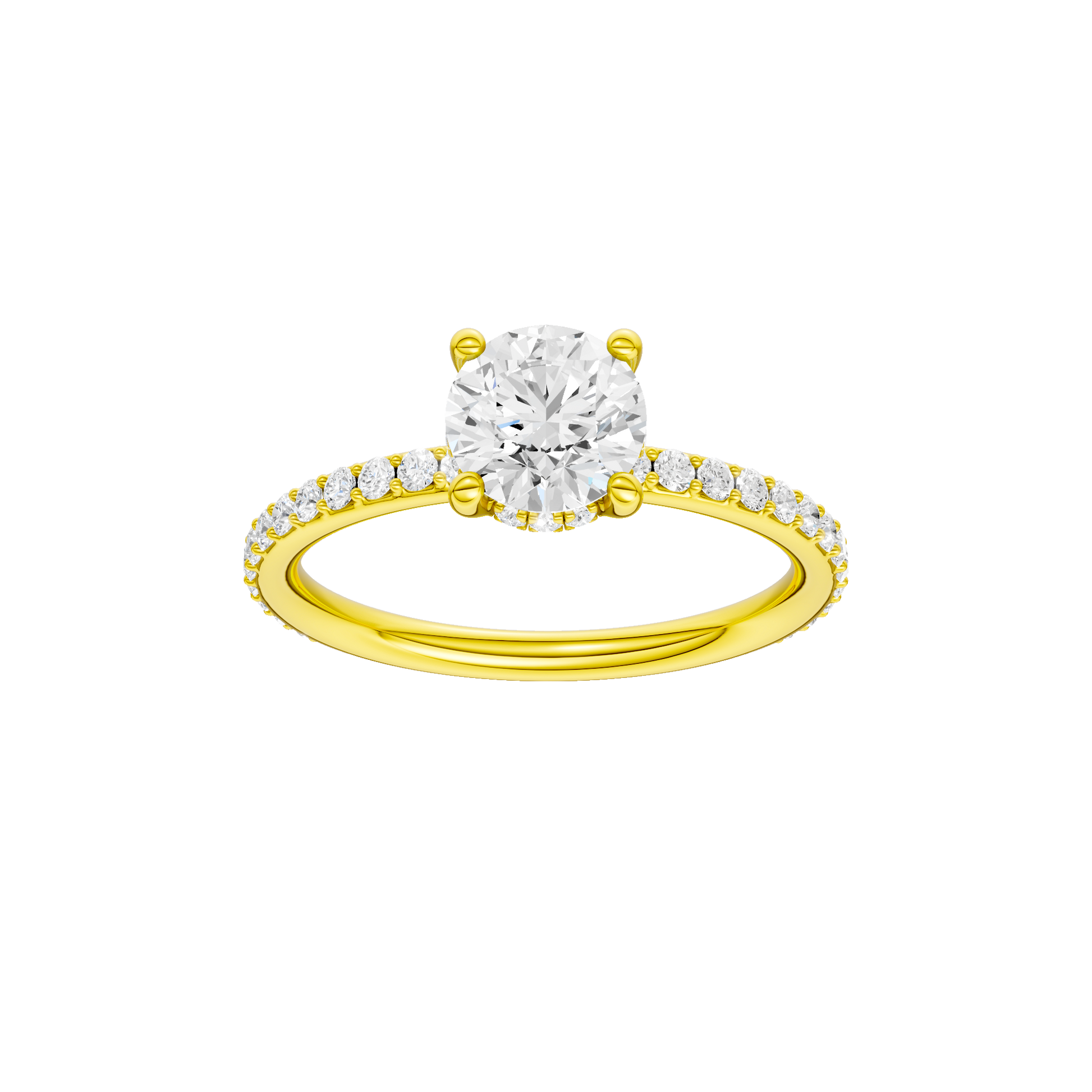 Round-cut diamond engagement ring with a prong-set diamond band and hidden-halo setting.