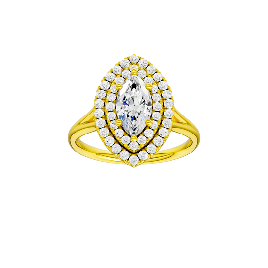 Marquise-cut diamond engagement ring with a plain band and double-halo setting.