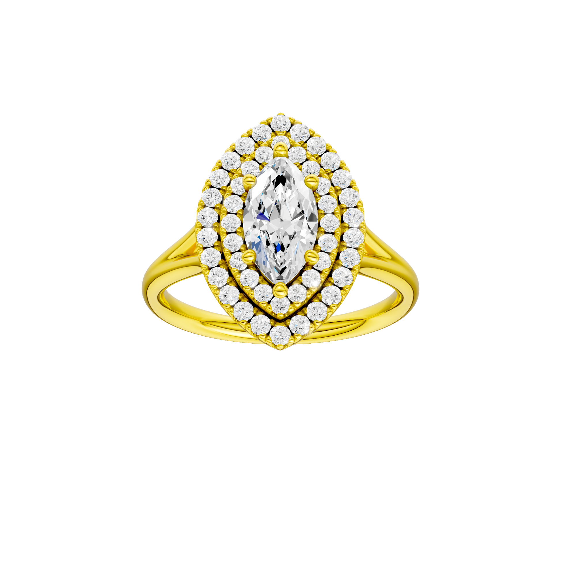 Marquise-cut diamond engagement ring with a plain band and double-halo setting.