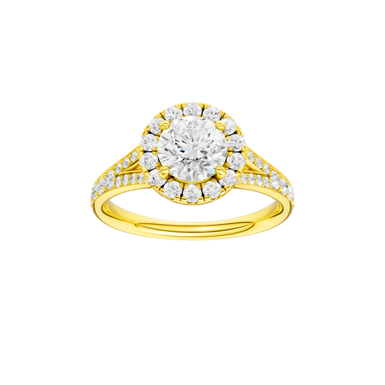 Round-cut diamond engagement ring with a channel-set diamond band and halo setting.