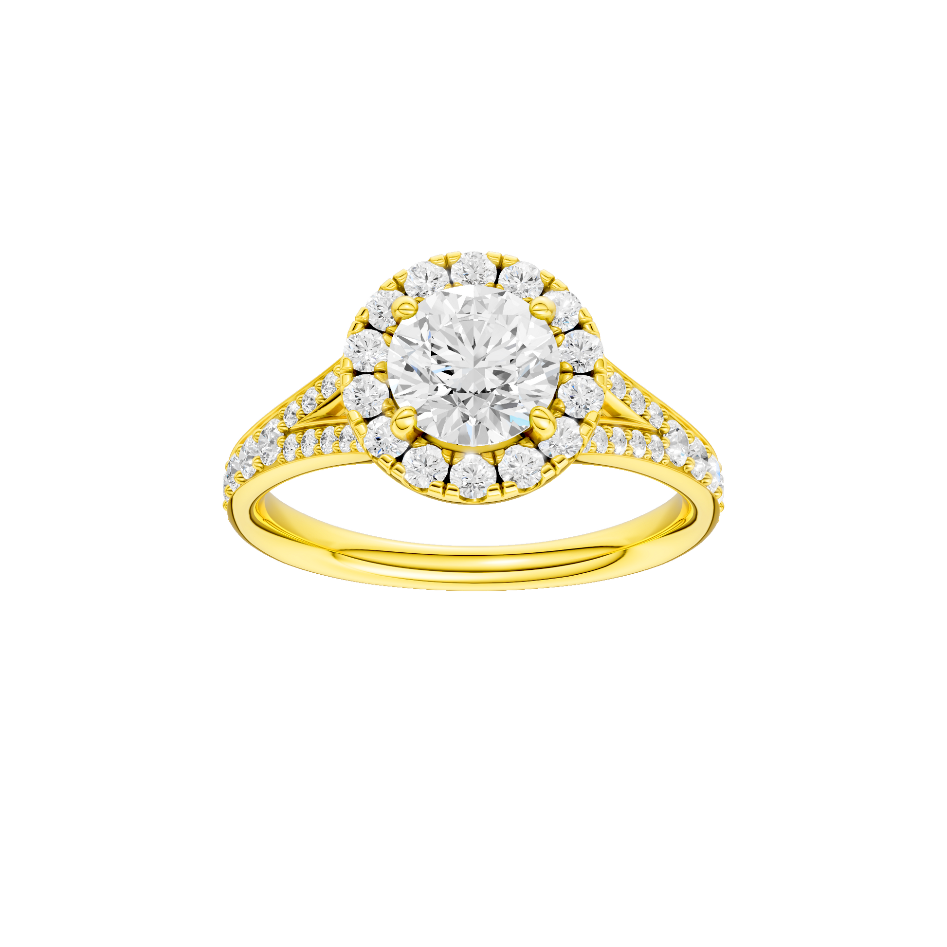 Round-cut diamond engagement ring with a channel-set diamond band and halo setting.