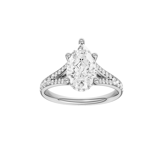 Pear-cut diamond engagement ring with a channel-set diamond band and hidden-halo setting.