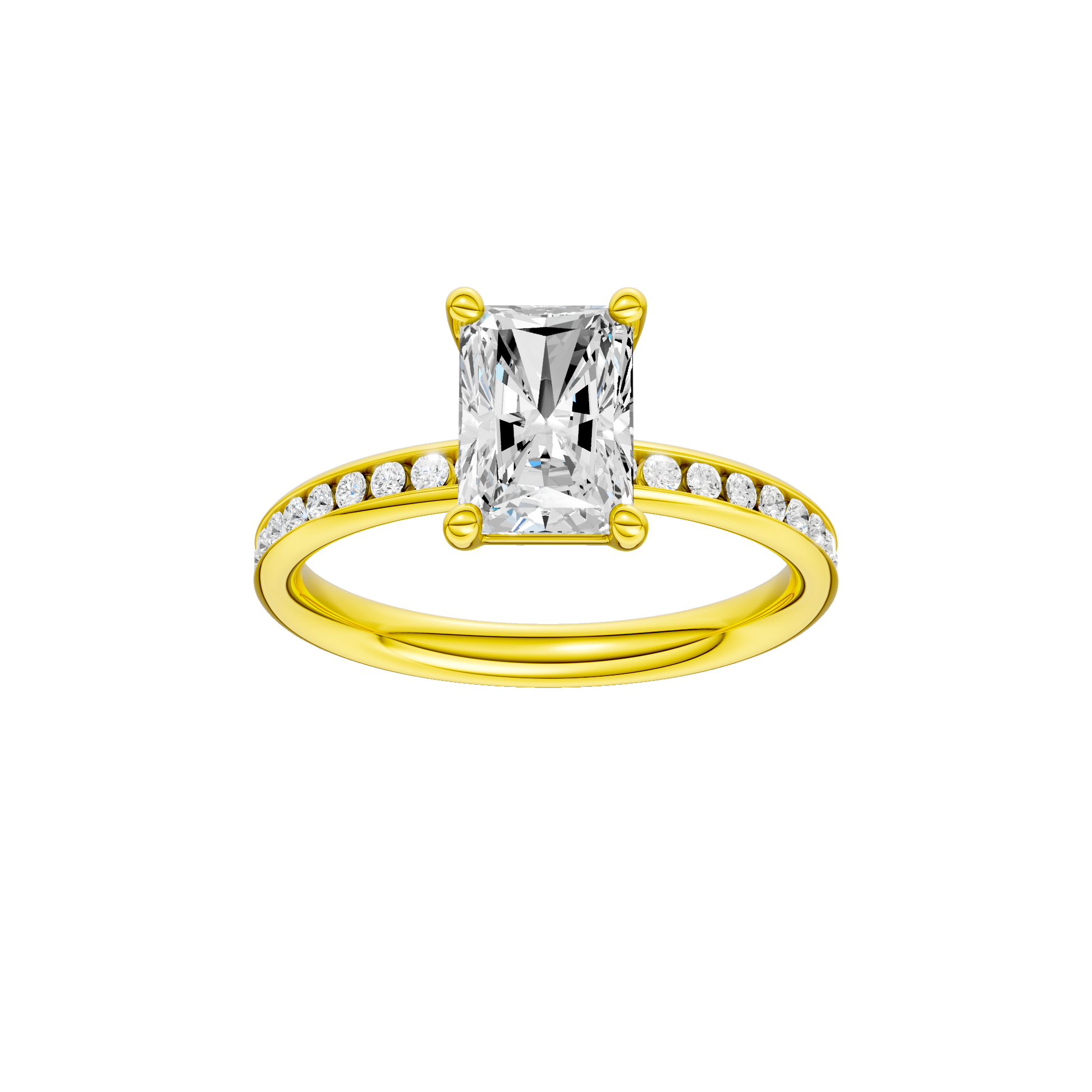 Radiant-cut diamond engagement ring with a channel-set diamond band and solitaire setting.