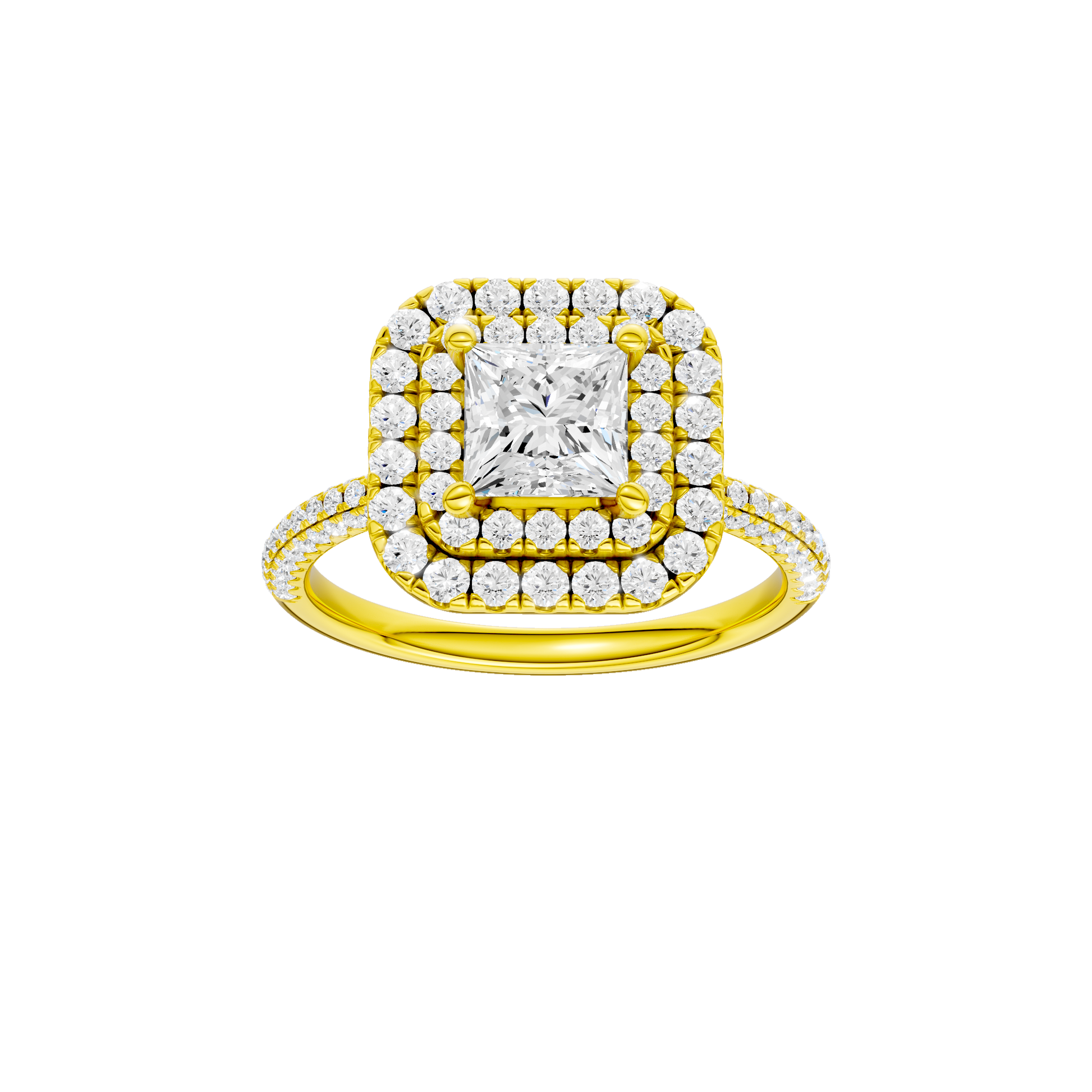 Princess-cut diamond engagement ring with a pavé-set diamond band and double-halo setting.