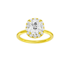 Elongated cushion-cut diamond engagement ring in 14k yellow gold with a plain band and halo setting