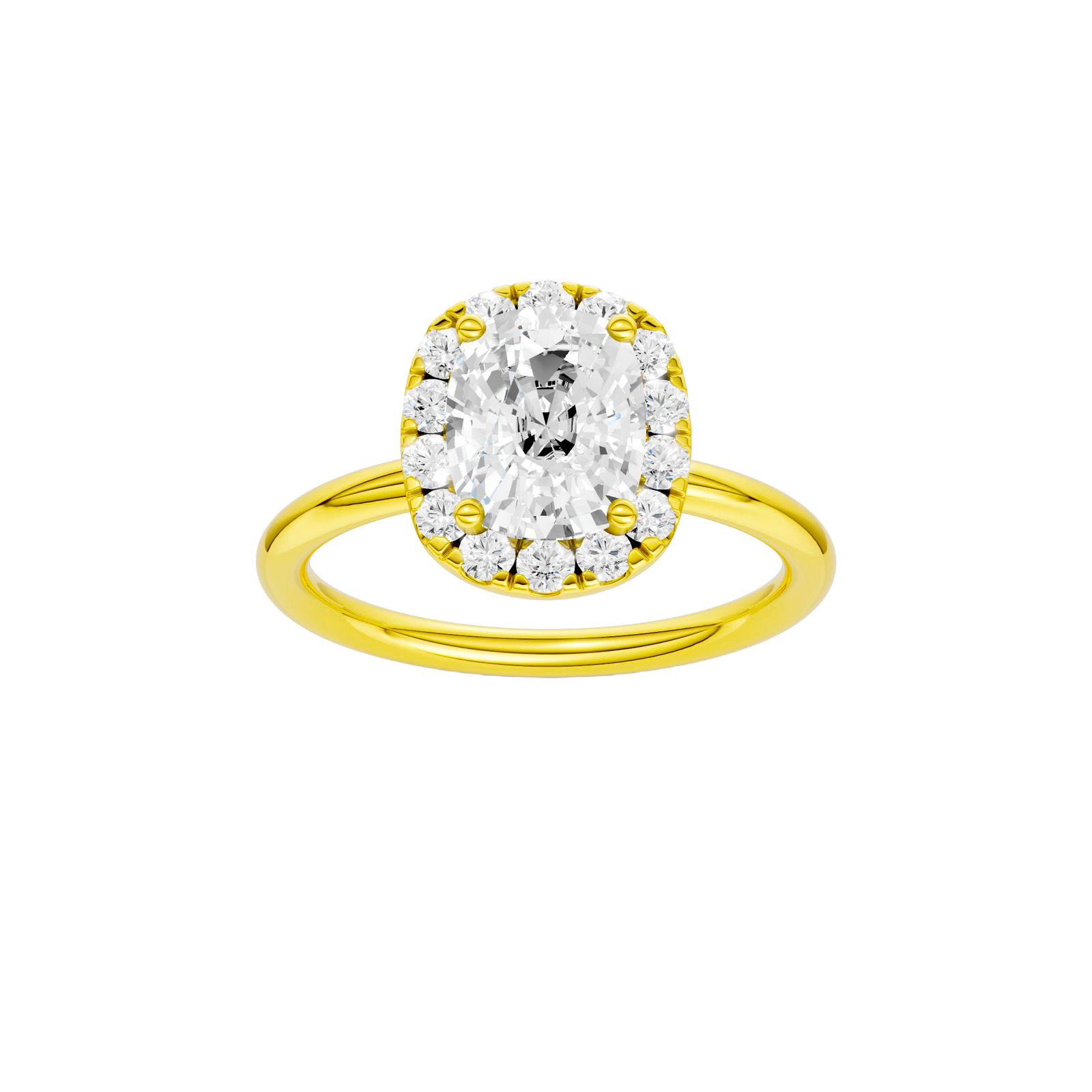 Elongated cushion-cut diamond engagement ring in 14k yellow gold with a plain band and halo setting
