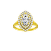 Marquise-cut diamond engagement ring with a plain band and double-halo setting.