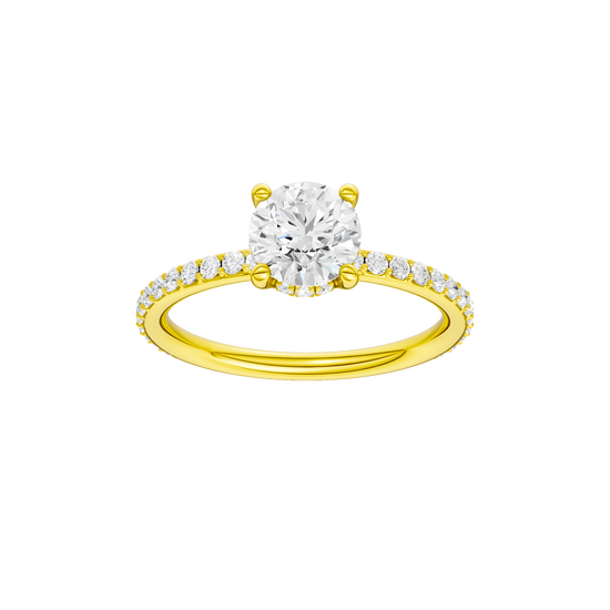 Round-cut diamond engagement ring with a prong-set diamond band and hidden-halo setting.