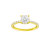 Round-cut diamond engagement ring with a prong-set diamond band and hidden-halo setting.