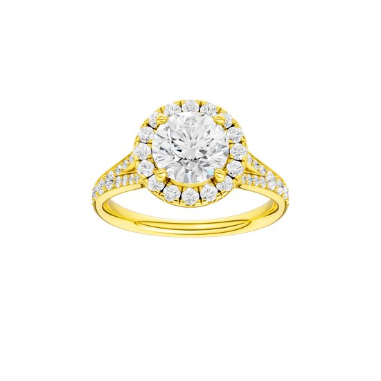 Round-cut diamond engagement ring with a channel-set diamond band and halo setting.