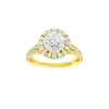 Round-cut diamond engagement ring with a channel-set diamond band and halo setting.