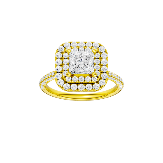Princess-cut diamond engagement ring with a pavé-set diamond band and double-halo setting.