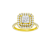 Princess-cut diamond engagement ring with a pavé-set diamond band and double-halo setting.