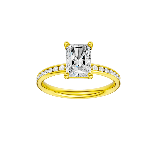 Radiant-cut diamond engagement ring with a channel-set diamond band and solitaire setting.
