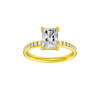 Radiant-cut diamond engagement ring with a channel-set diamond band and solitaire setting.