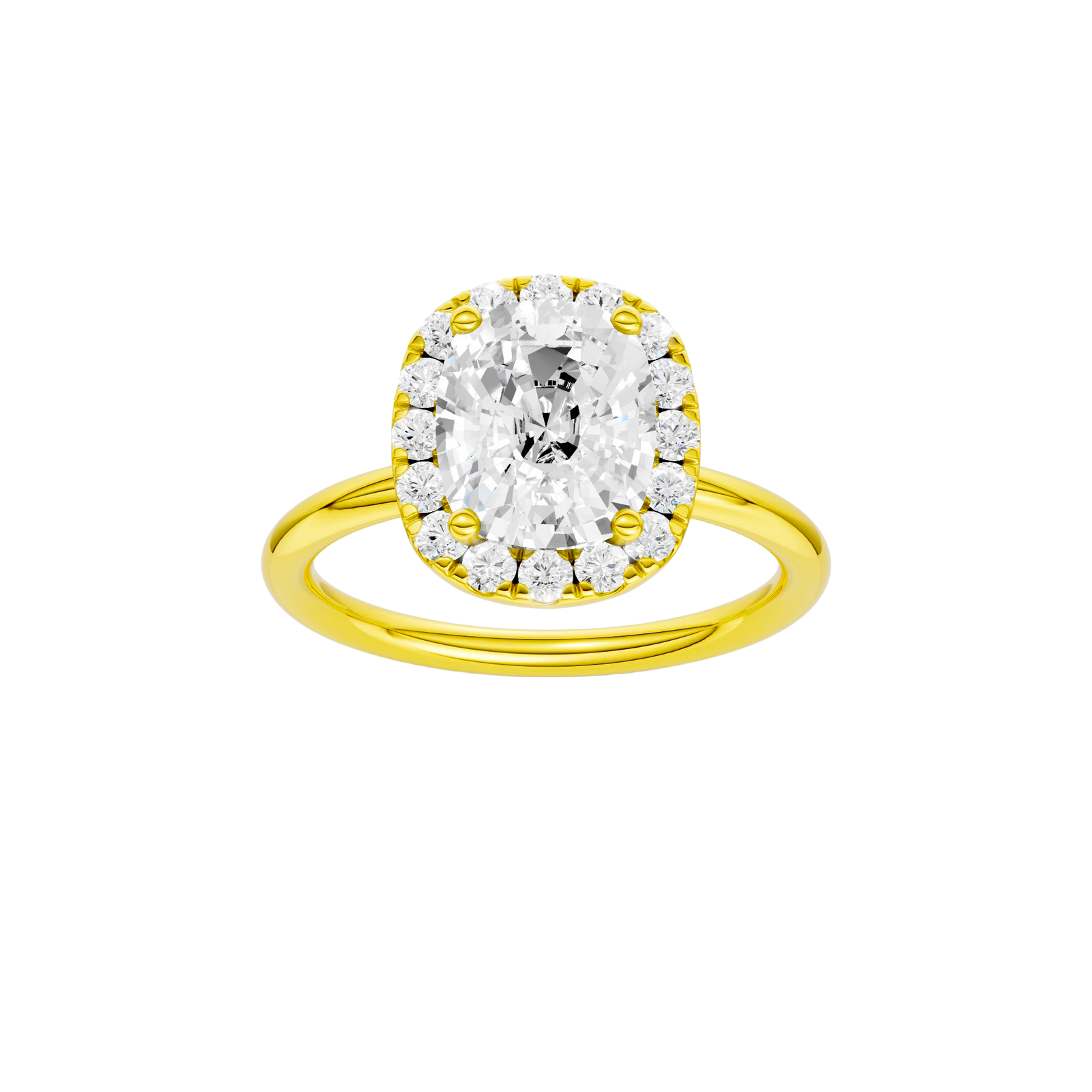 Elongated cushion-cut diamond engagement ring in 14k yellow gold with a plain band and halo setting