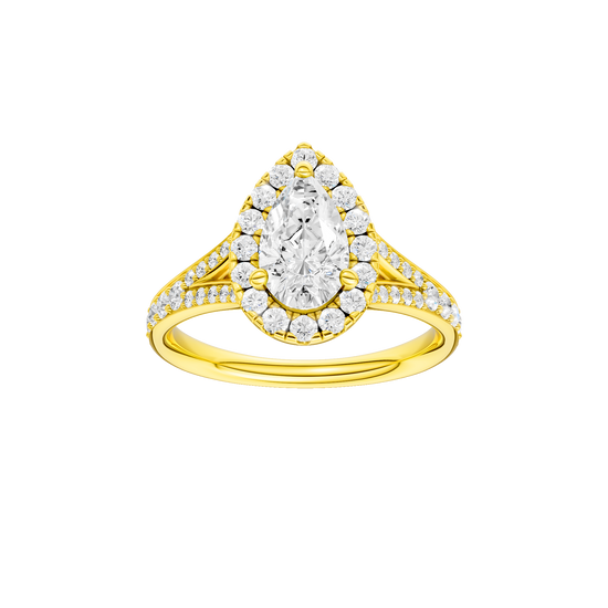 Pear-cut diamond engagement ring with a channel-set diamond band and halo setting.