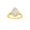 Pear-cut diamond engagement ring with a channel-set diamond band and halo setting.