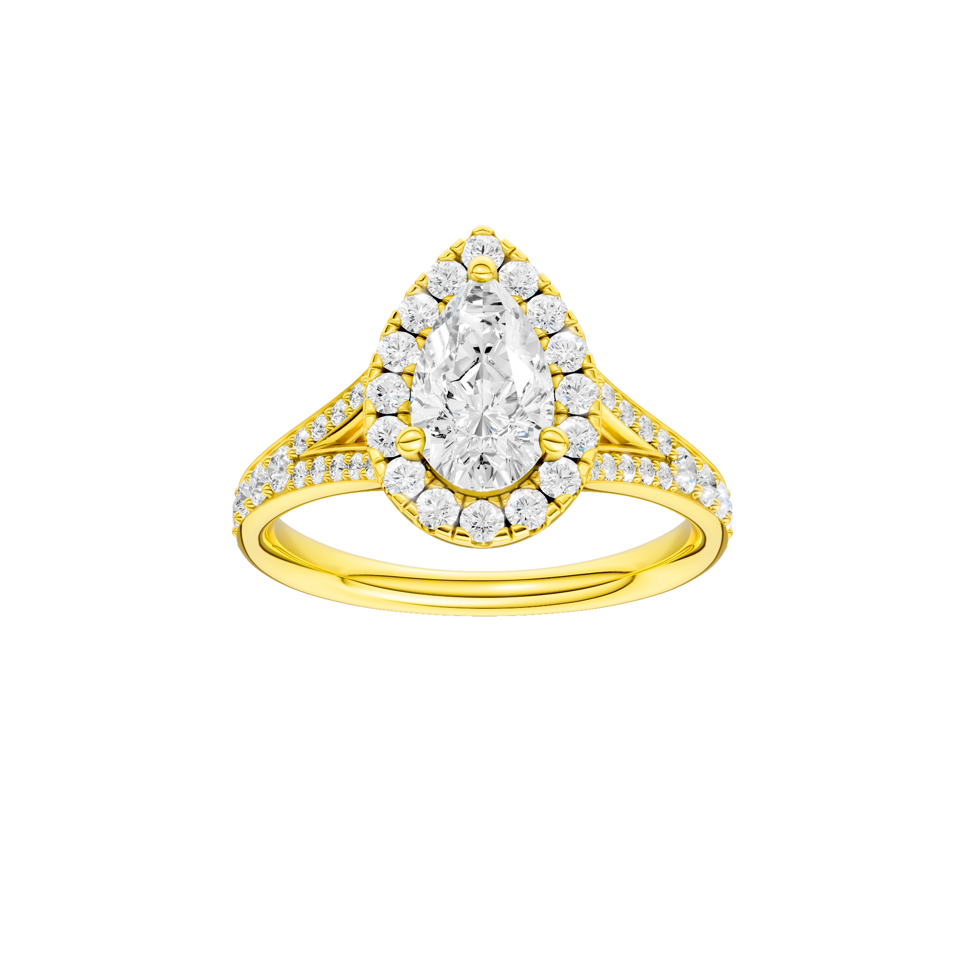 Pear-cut diamond engagement ring with a channel-set diamond band and halo setting.