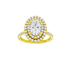Oval-cut diamond engagement ring with a pavé-set diamond band and double-halo setting.